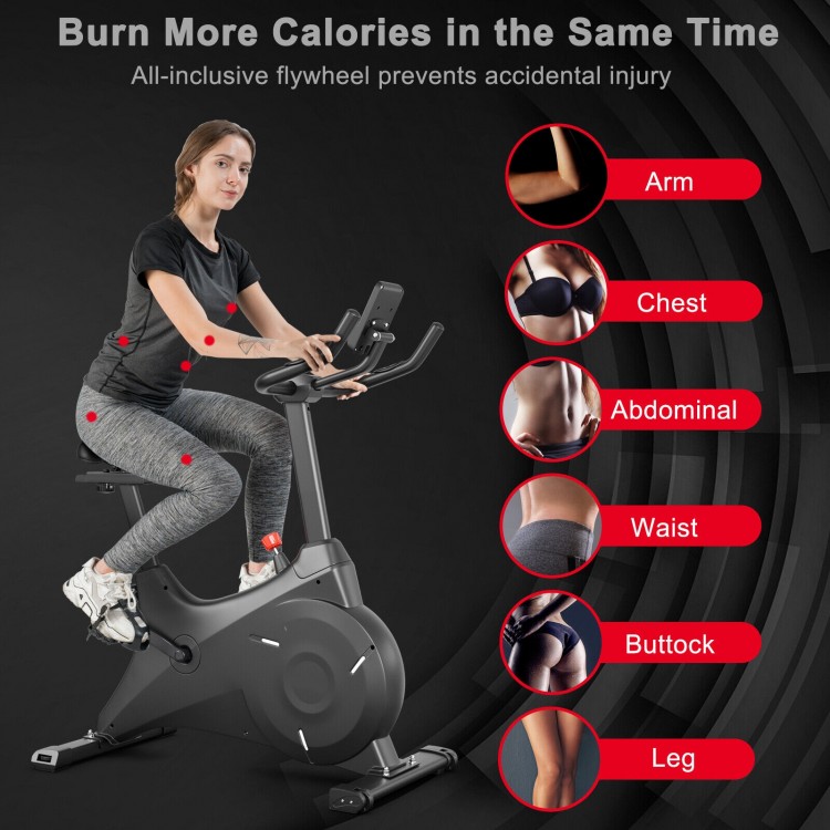 Magnetic resistance stationary bike with adjustable seat and LCD monitor for home gym workouts. Supports up to 265 lbs.