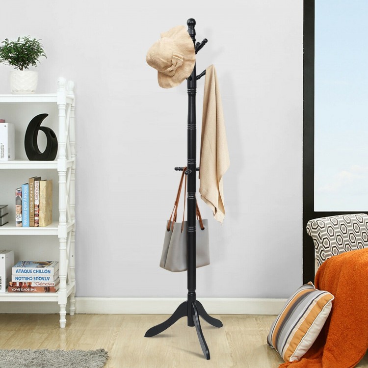 Black adjustable wooden coat rack with 9 hooks, ideal for entryway or living room, featuring a sturdy tri-legged base.