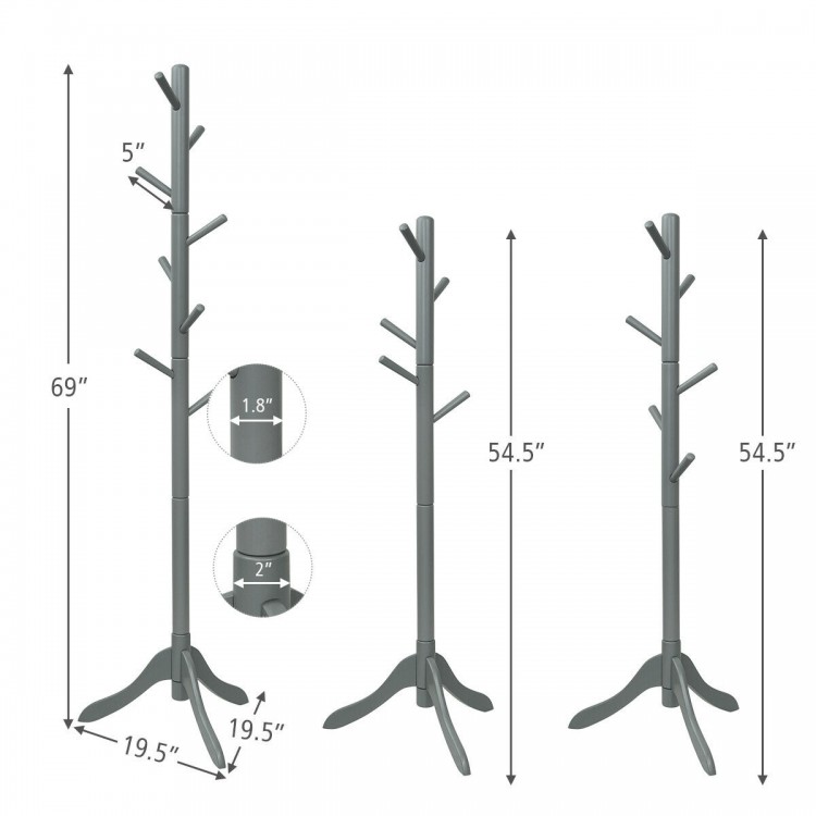 Adjustable gray wooden coat rack with 8 hooks, tri-legged base, and customizable height for home or office use.