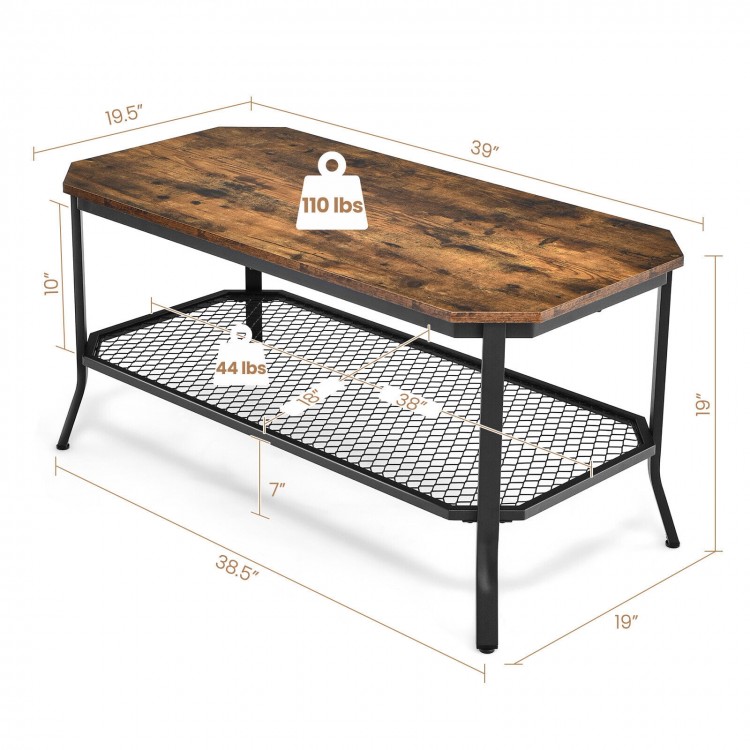2-tier industrial coffee table with rustic brown octagonal top and metal mesh shelf, perfect for living room storage.