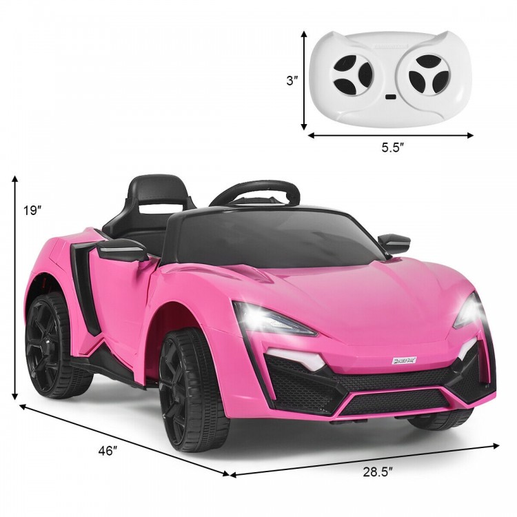 Pink 12V RC electric vehicle with remote control, LED lights, and safety features for kids' outdoor fun.