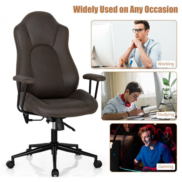 High adjustable back executive office chair in brown with ergonomic design, suitable for home, office, and gaming use.