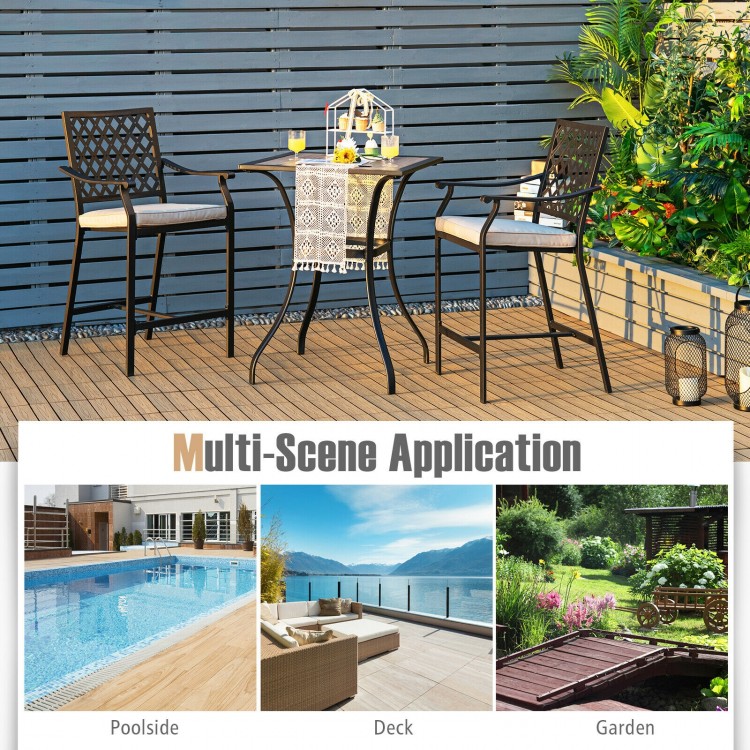 Patio square bar table with wood-like tabletop and sturdy steel frame, perfect for garden or backyard use.