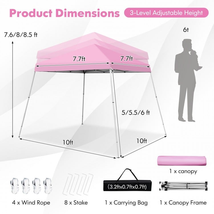 10x10 feet pink outdoor pop-up canopy with adjustable height, carrying bag, and waterproof fabric for events and.