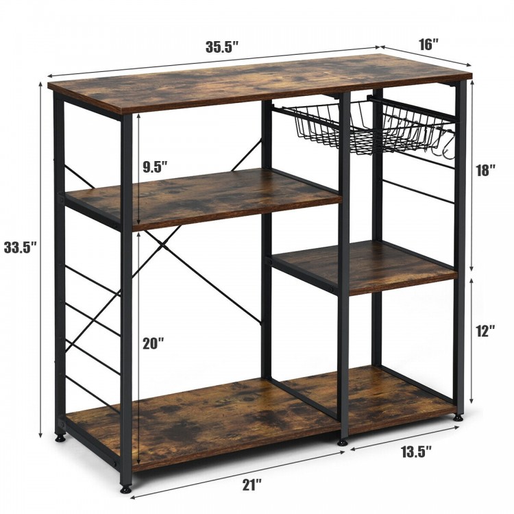 Industrial kitchen baker's rack with vintage wood texture, featuring multiple shelves and 6 hooks for versatile storage.