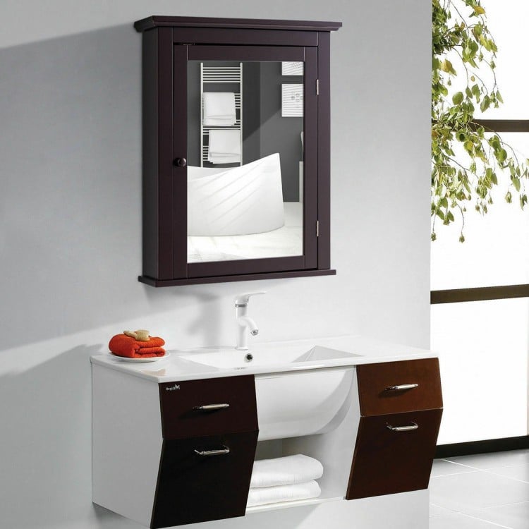 Wall-mounted bathroom mirror cabinet in brown finish with 2-tier storage for organizing toiletries and linens.