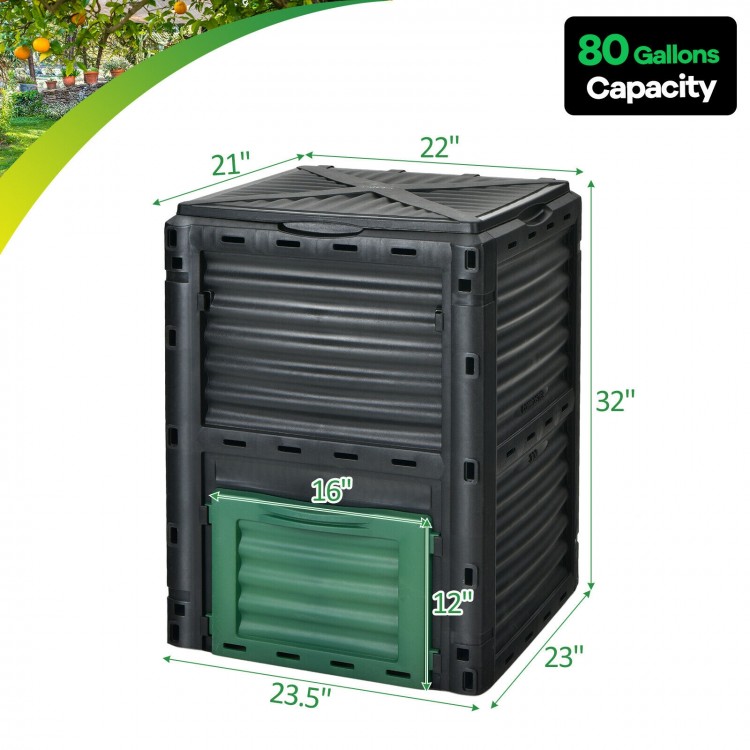 80-gallon outdoor composter with large openable lid and bottom exit door for easy access to compost and fertilizers.