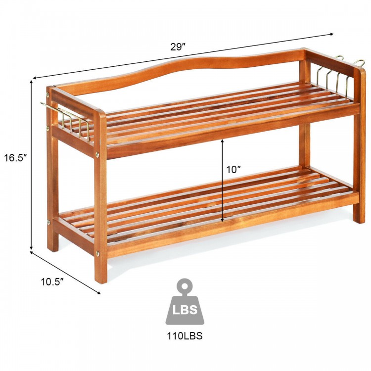 2-tier acacia wood shoe rack with 4 side metal hooks, ideal for entryway storage, holds up to 110 lbs.