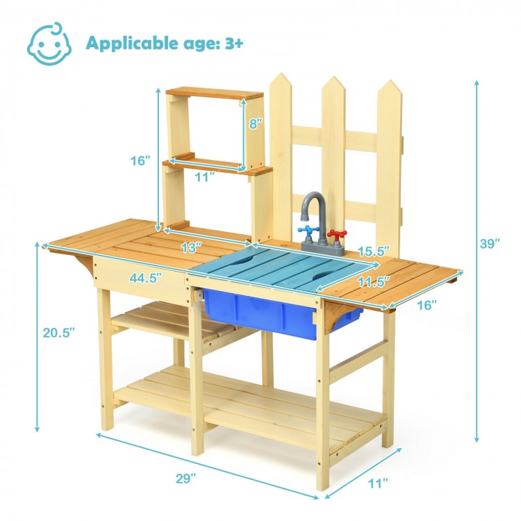 Kid's outdoor wooden pretend cook kitchen playset made of natural fir wood, featuring a blue basin and open shelves for.