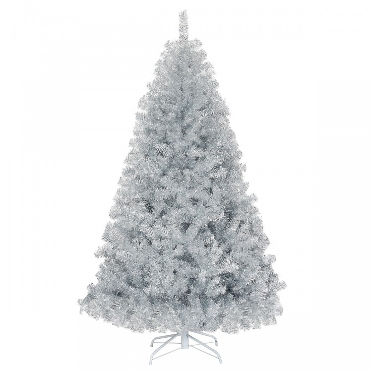 6 feet silver tinsel Christmas tree with 1036 branch tips and sturdy metal stand, perfect for indoor and outdoor.