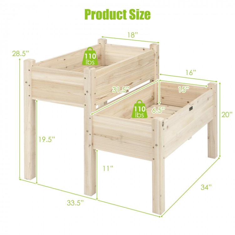 2-tier wooden elevated planter box with legs, made of natural fir wood, featuring drainage holes for easy gardening.