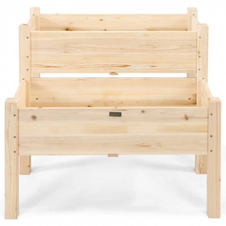 2-tier wooden elevated planter box made of fir wood with drainage holes, perfect for gardening on patios or balconies.