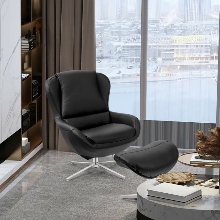 Black 360° swivel leather lounge chair with ottoman, featuring an aluminum alloy base for versatile living room decor.