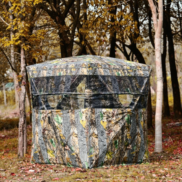 Three-person portable tent with real wood camouflage, featuring multiple windows for enhanced visibility in outdoor.