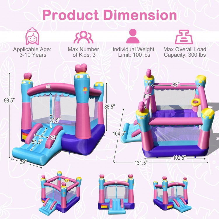 3-in-1 Princess Theme Inflatable Castle with slide and basketball rim, suitable for 3 kids aged 3-10, for backyard fun.