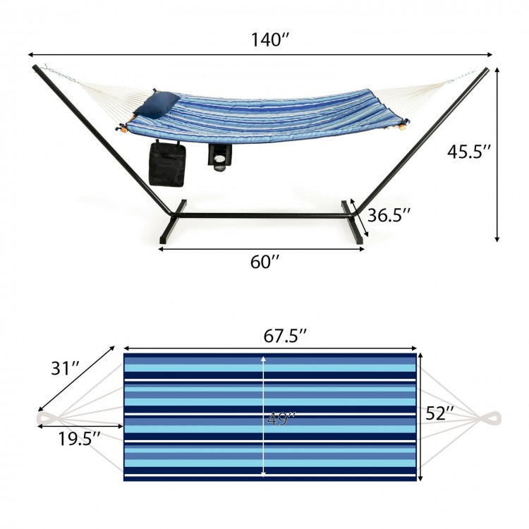 Hammock chair stand set with blue striped cotton fabric, pillow, and cup holder, perfect for indoor or outdoor.