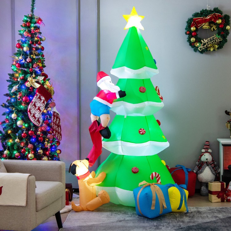 Inflatable 7-foot Christmas tree with Santa and dog, featuring LED lights for festive outdoor decoration.