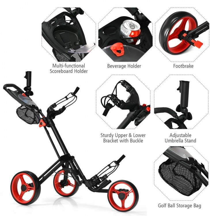 Folding 3-wheeled golf push cart in red with adjustable handle, foot brake, and scoreboard holder for easy.