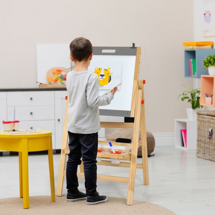 Kids art easel with double-sided chalkboard and whiteboard, featuring adjustable height and storage tray for art.