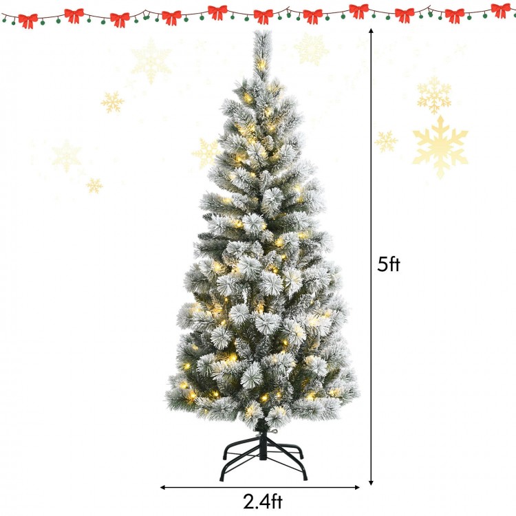 5-foot pre-lit Christmas tree with snow flocked branches and 140 LED lights, featuring 9 lighting modes for festive.