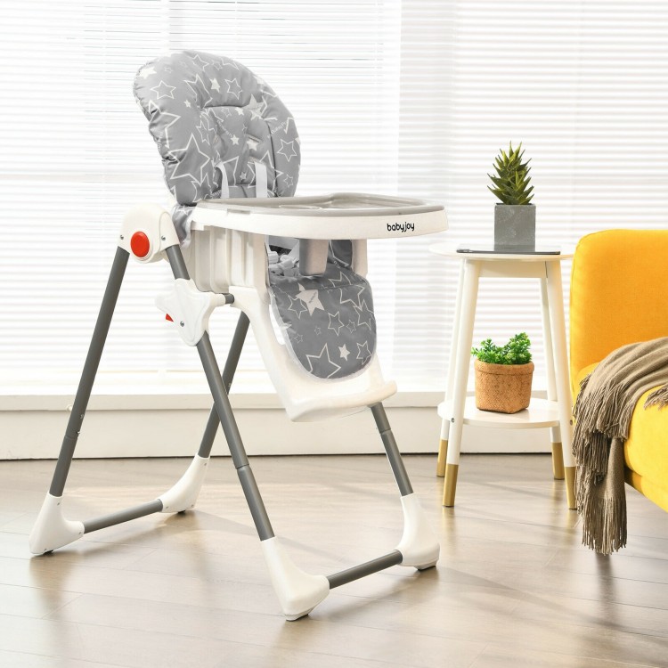 Folding baby high dining chair in gray with 6 height adjustments and soft removable cushion for comfortable feeding.