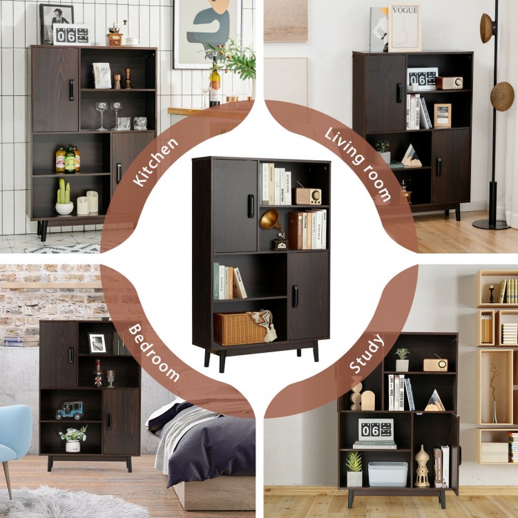 Espresso sideboard storage cabinet with 4 open shelves and 2 doors, perfect for living room, bedroom, or office.