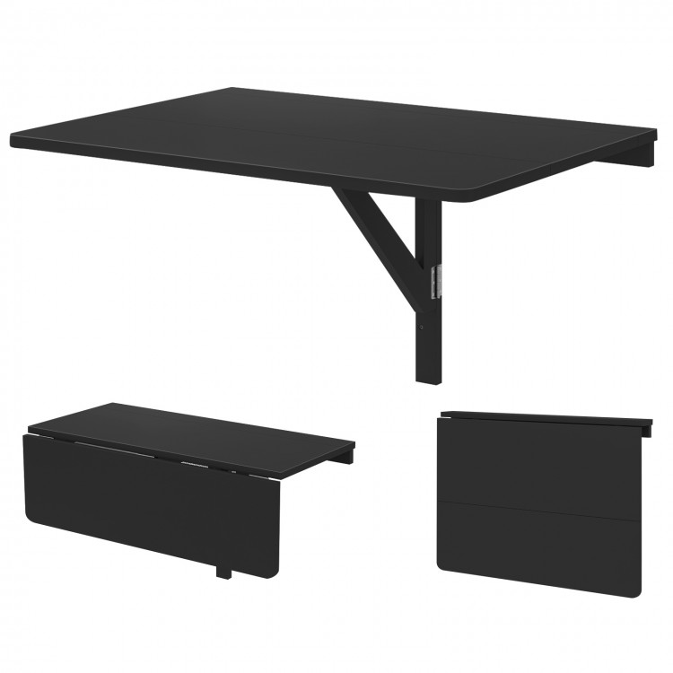 Black Space Saver Folding Wall-Mounted Drop-Leaf Table with rounded edges, ideal for compact living spaces and.