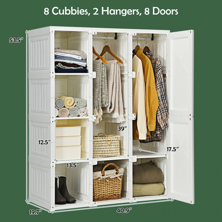 Foldable closet organizer with 8 cubbies, 2 hangers, and 8 doors, ideal for compact storage in any room.
