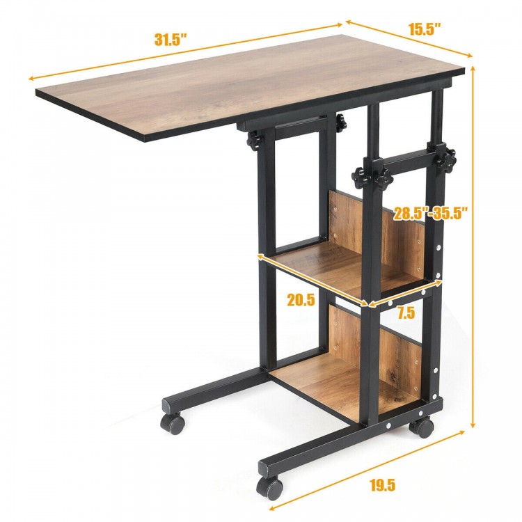C-Shape mobile snack end table with storage shelves, adjustable height, and rolling wheels for versatile living space.