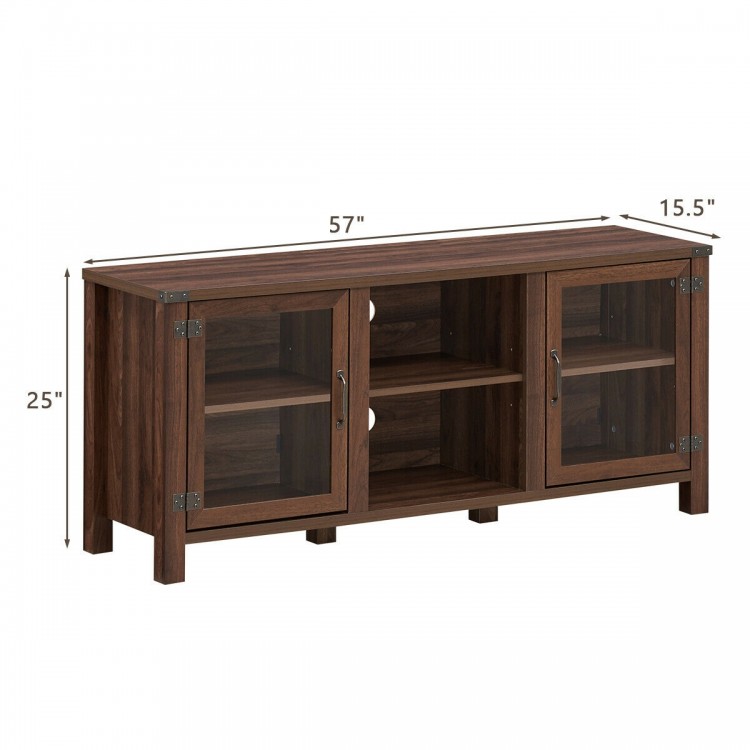 Walnut TV stand with tempered glass doors, 2-tier shelves, and adjustable design, perfect for living room storage.