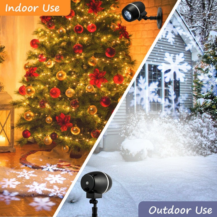 Outdoor Waterproof Christmas Snowflake LED Projector Lights showcasing indoor and outdoor use with remote control.