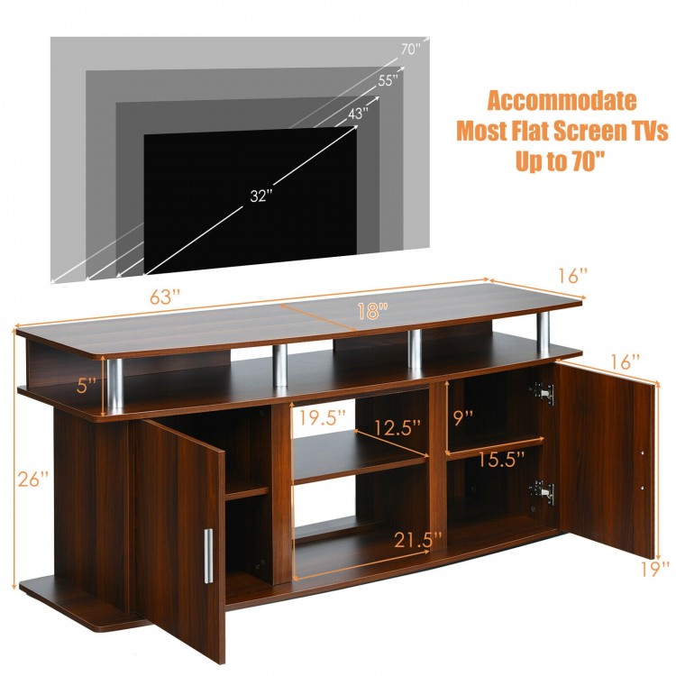 63-inch walnut TV entertainment console with 2 cabinets, spacious top for TVs up to 70", and removable central shelf.