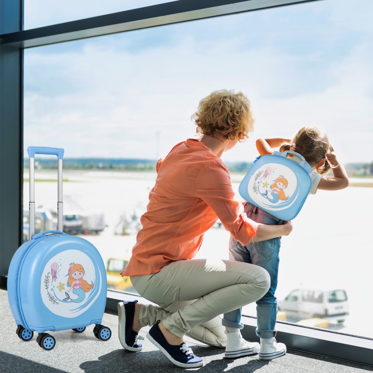 Kids luggage set featuring a 14" hardside spinner suitcase and 10" backpack in blue, perfect for young travelers.