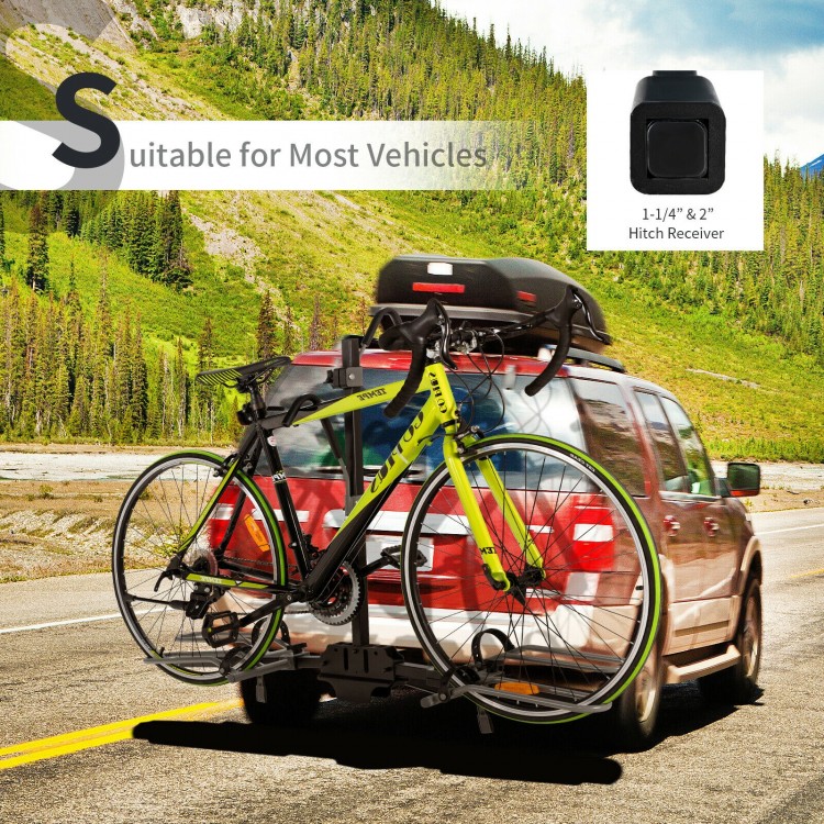 2-bike hitch mount bike rack in black, suitable for 1-1/4" and 2" receivers, designed for cars and SUVs.