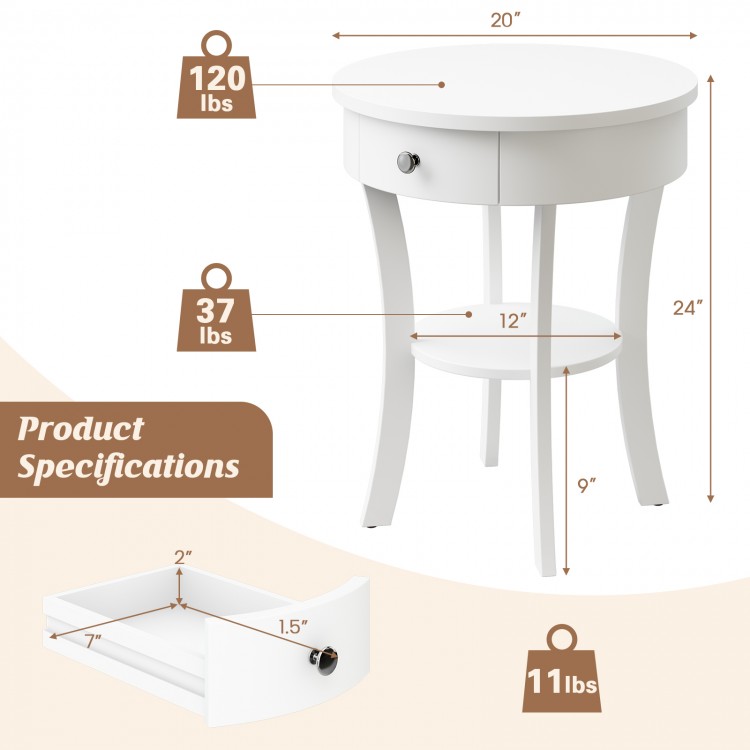 Round white end table with open drawer and shelf, made of MDF, ideal for bedside or living room use.