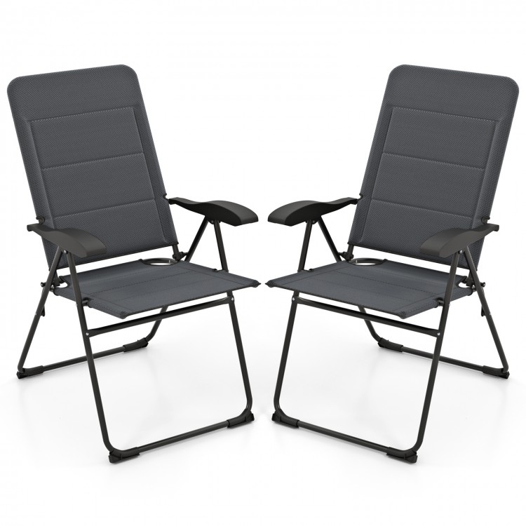 Two gray outdoor folding patio chairs with adjustable backrests, made of steel and oxford fabric, ideal for bistro and.