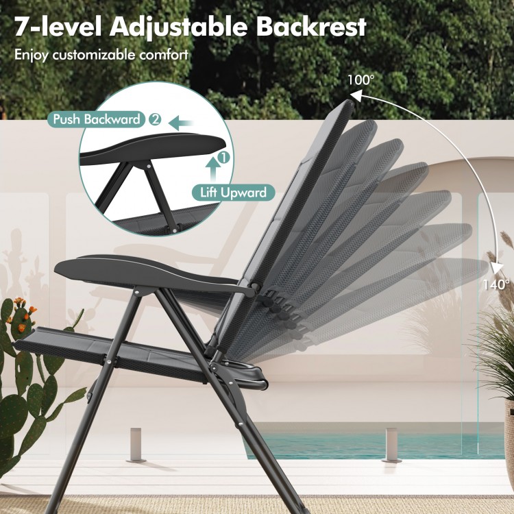 Adjustable backrest of gray outdoor folding patio chair, showcasing 7 positions for customizable comfort and relaxation.