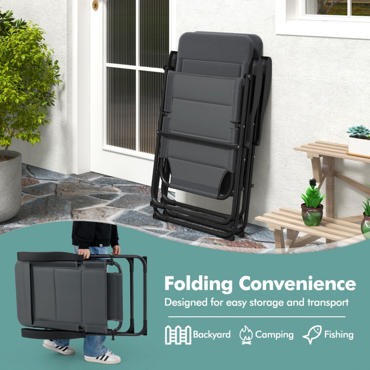 Folding outdoor patio chair in gray with adjustable backrest, designed for easy transport and storage, perfect for.