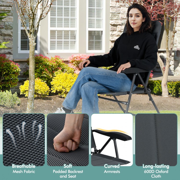 Gray outdoor folding patio chair with adjustable backrest, breathable oxford fabric, and steel frame for comfort and.