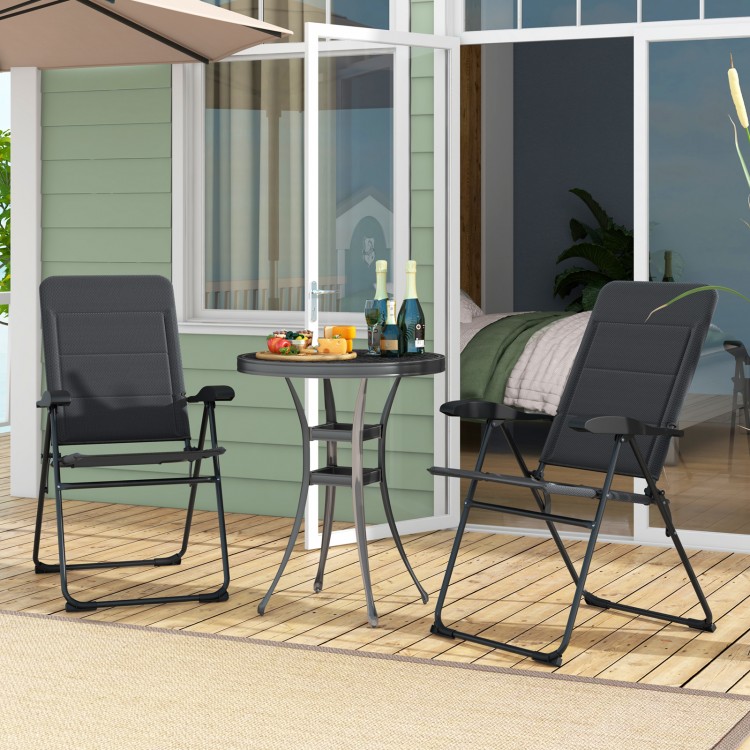 Gray outdoor folding patio chairs with adjustable backrests, perfect for bistro or backyard relaxation.