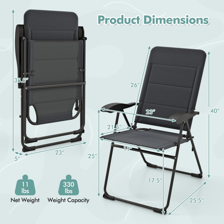 Adjustable backrest folding patio chair in gray, made of steel and oxford fabric, perfect for outdoor relaxation.