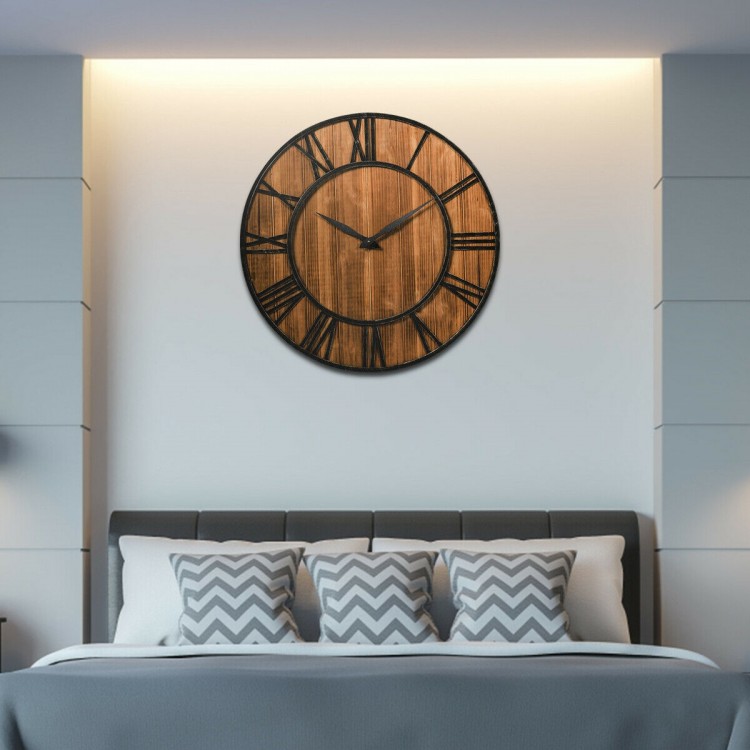 27-inch round wooden wall clock with metal Roman numerals, perfect for living room or bedroom decor.