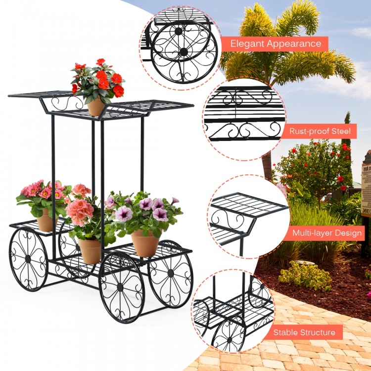 6-tier garden cart flower rack in black metal, featuring a unique cart design, perfect for adding charm to outdoor.