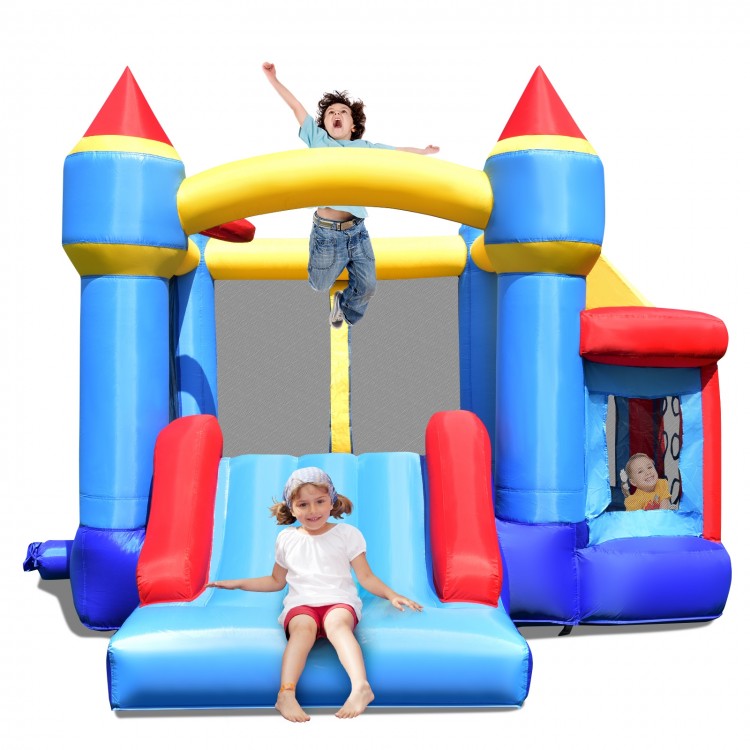 Castle slide inflatable bounce house with ball pit, featuring vibrant colors and mesh safety walls for kids aged 3-10.