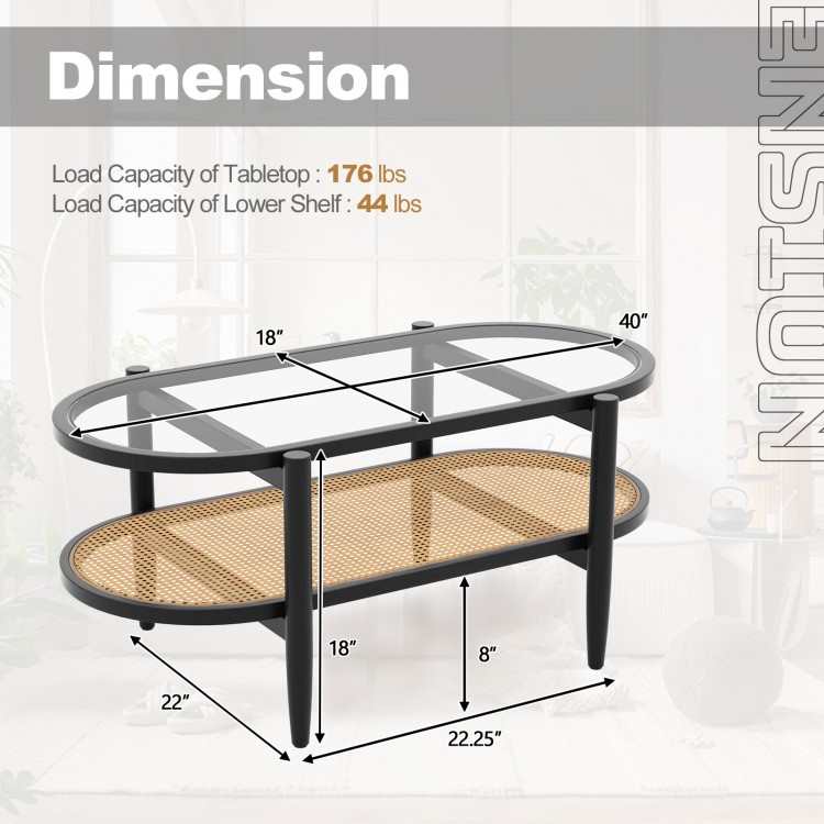 2-tier coffee table with tempered glass top and acacia wood frame, featuring dimensions and load capacities for.