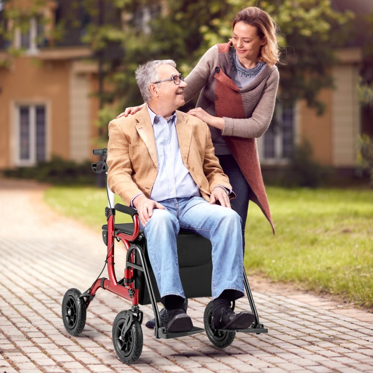 Foldable red rollator walker with seat, adjustable height, and pneumatic tires, ideal for seniors' mobility and comfort.