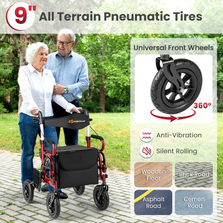 2-in-1 foldable rollator walker with 9-inch pneumatic tires, adjustable height, and comfortable seat for seniors.