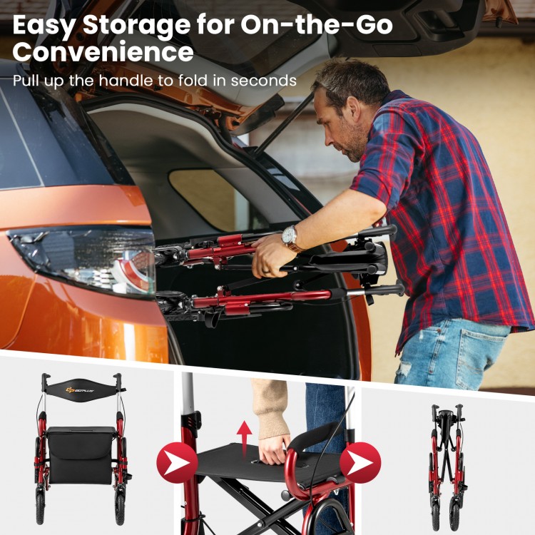 Compact foldable rollator walker with a sturdy aluminum frame, ergonomic hand grips, and convenient cane holder for.
