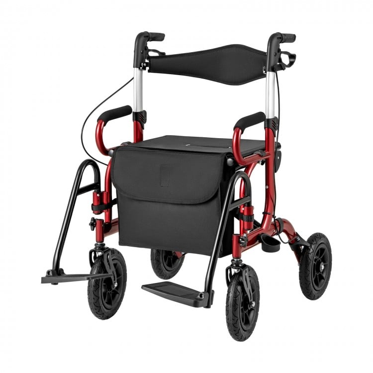 Foldable red rollator walker with seat, 9-inch pneumatic tires, adjustable height, and storage pocket for seniors.