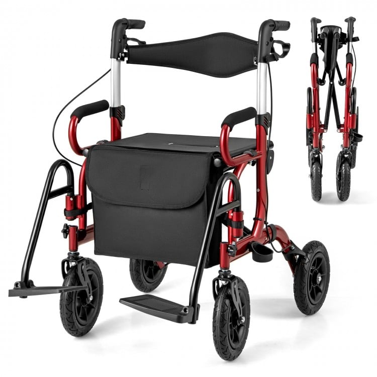 Foldable red rollator walker with seat, pneumatic tires, adjustable height, and storage pocket for seniors' mobility.